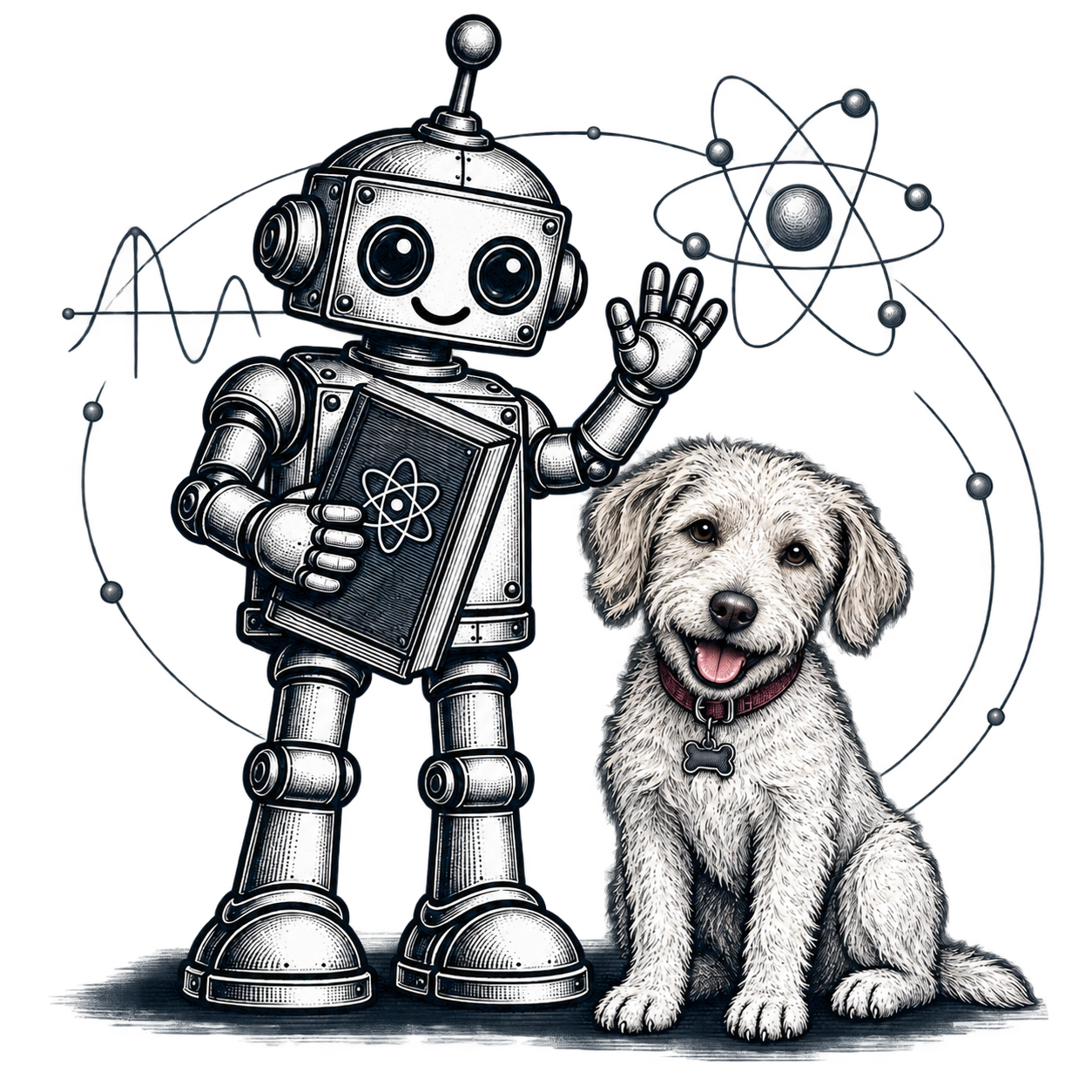Engraved illustration of a smiling, waving robot bookseller holding a science book, with Barley the shaggy shop dog seated beside him.